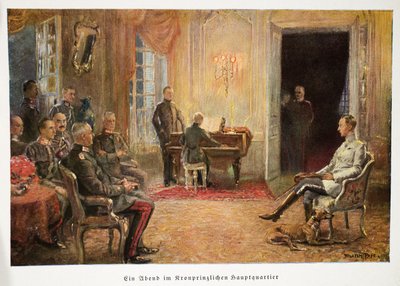 William, kroonprins van Duitsland luistert naar een pianorecital op zijn hoofdkwartier, pub. 1917 door William Friedrich Georg Pape